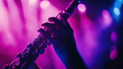 Fototapeta premium Dramatic Close-Up of Hand Playing Flute in Vibrant Stage Lighting