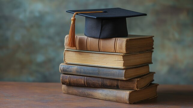 Graduation Hat on Books Stack on Table
