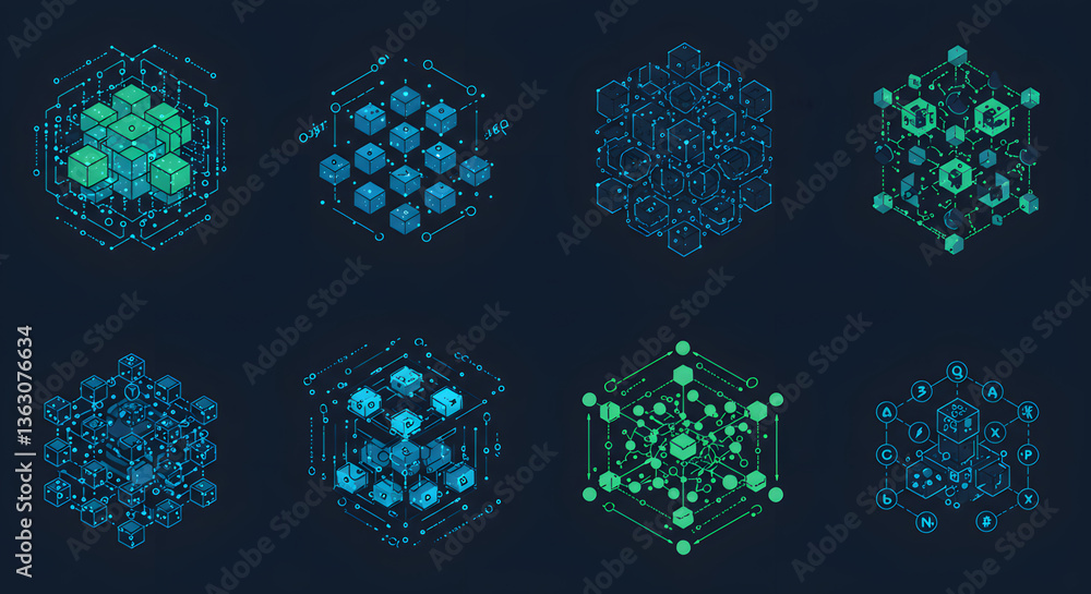 Poster intricate cyber cubes: a vibrant mosaic of interconnected, neon-hued cubes and data structures creat