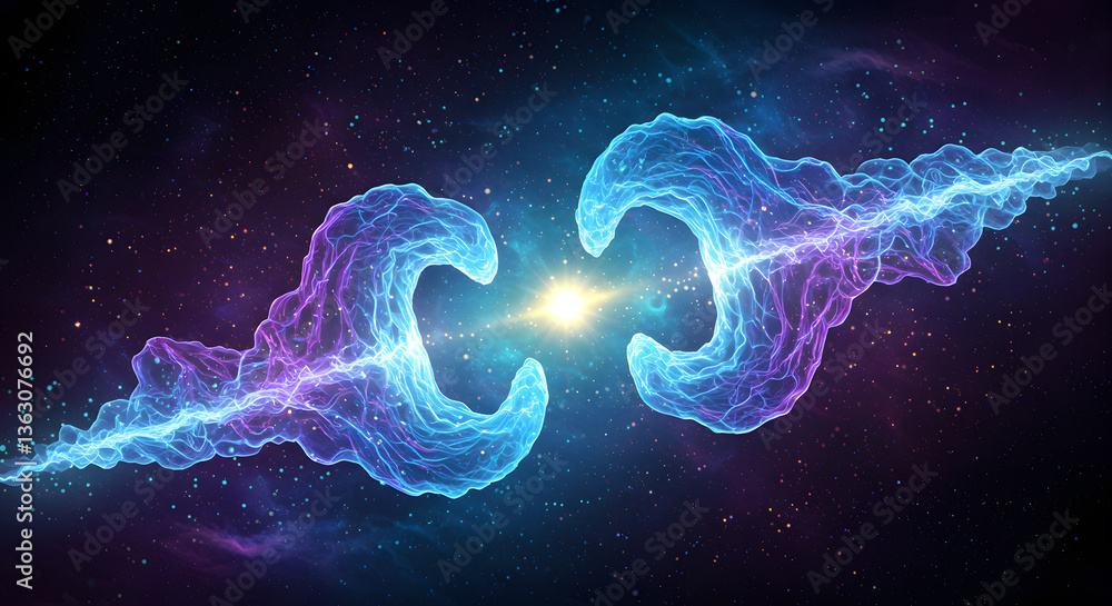 Poster celestial convergence: abstract digital artwork capturing two ethereal, interconnected energy forms 