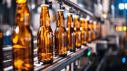 Bottles on Conveyor: A close-up shot of beer bottles moving along a conveyor belt, within an industrial facility, conveying a sense of mass production and automated efficiency.