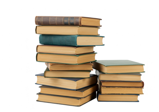A tall stack of old hardcover books with textured covers in various shades of brown, green and blue isolated on transparent background
