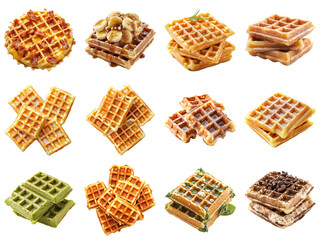 A Delicious Variety of Waffles Showcasing Unique Flavors and Toppings Captured in a High-Quality Stock Photo Featuring a 4x3 Arrangement. Piquant food set.
