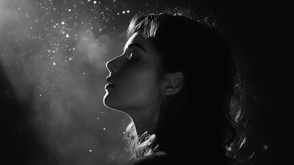 Mysterious Silhouette Of A Woman In Black And White With Celestial Glow