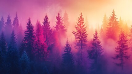 Mystical Enchanted Forest with Vibrant Colors and Dreamy Fog at Sunrise in High-Resolution