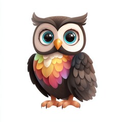 Fototapeta premium Cute Cartoon Owl with Colorful Feathers on White Background