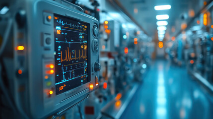 Naklejka premium A hospital background blur featuring advanced medical devices, softly illuminated for a futuristic feel