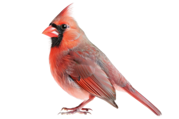 Northern cardinal perched on a twig with its striking red color glowing in the sunlight isolated on transparent background