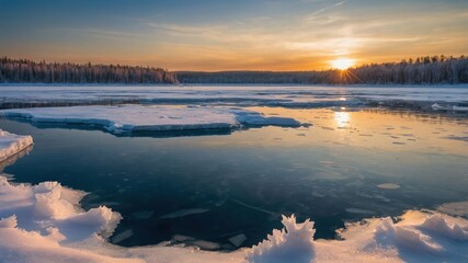 A serene winter landscape at sunset, featuring ice and calm waters.