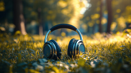 Naklejka premium Headphones resting on a grassy field with blurred trees in the background on a sunny day scene.