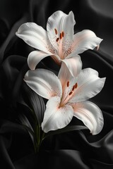 Fototapeta premium Elegant white lily with dark fabric background exuding serenity and beauty