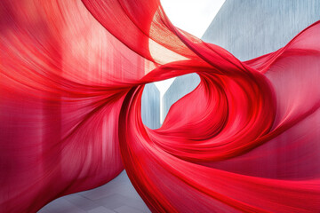 Red sculpture with large red wave in background, creating a vibrant, dynamic contrast.