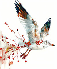 Joyful seagull flying amidst festive decorations celebrating Christmas and New Year