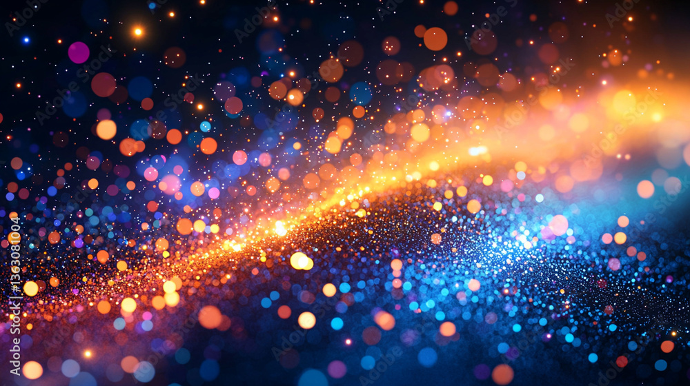 Poster a vibrant cosmic display of shimmering lights and colorful bokeh sparkles on dark backdrop