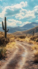 Scenic Desert Road with Cactus and Mountain View Under a Beautiful Cloudy Sky