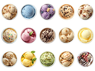 Colorful Variety of Ice Cream Scoops in Bowls Displaying Assorted Flavors and Toppings Perfect for Summer Treats and Dessert Inspiration. Piquant food set.