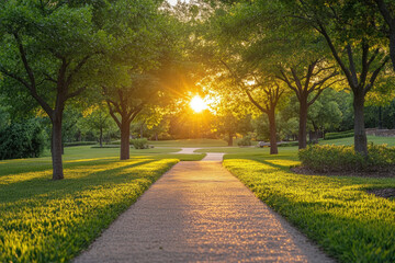 Obraz premium A winding path through a park, flanked by tall trees casting dappled shadows on lush green grass.