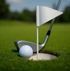 Golf ball in hole golf club flag on green grass