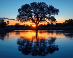 Obraz premium Majestic sunset behind a solitary tree reflecting on tranquil water