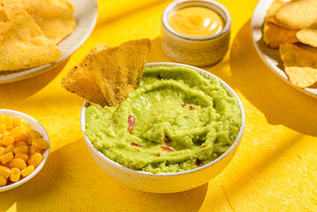 Nachos with guacamole, traditional Mexican snack