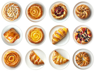Exquisite Assortment of Freshly Baked Pastries Displayed on White Plates, Perfect for Breakfast or Dessert, Capturing the Essence of Culinary Delight. Piquant food set.