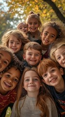 Obraz premium Cheerful group of diverse children smiling in autumn setting