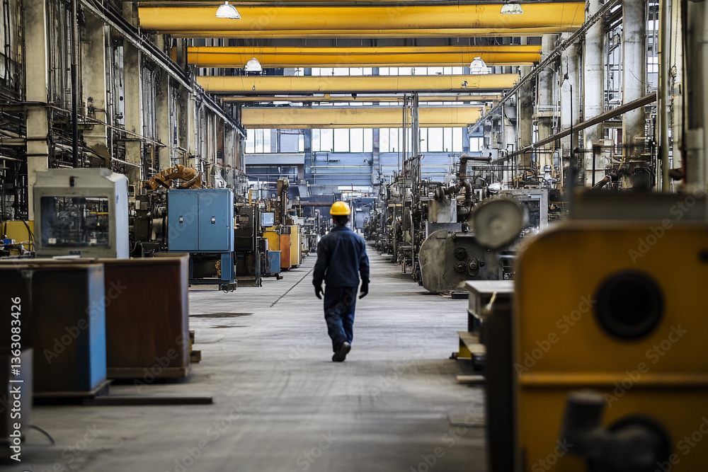Fototapete worker walks through factory hall during busy operations generative ai