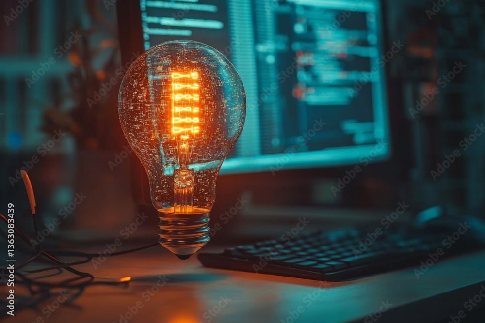 Aufkleber glowing vintage light bulb illuminated on a desk near a computer in a modern workspace at night