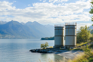 Water towers near lake surrounded by mountains Generative AI