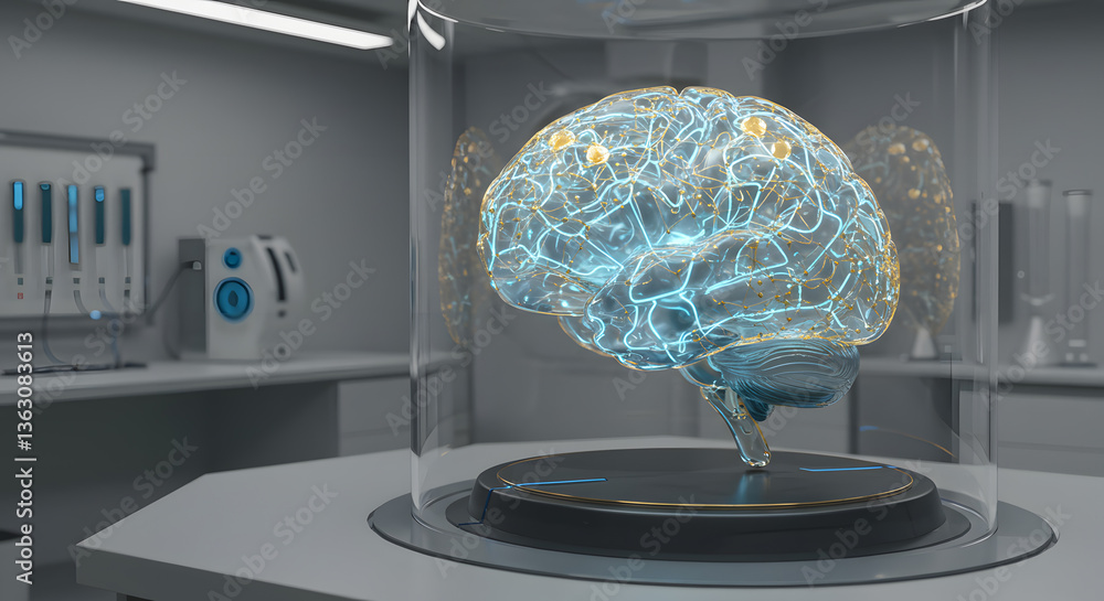 Poster mind in a jar: a detailed representation of a human brain encased within a glass jar, highlighting t