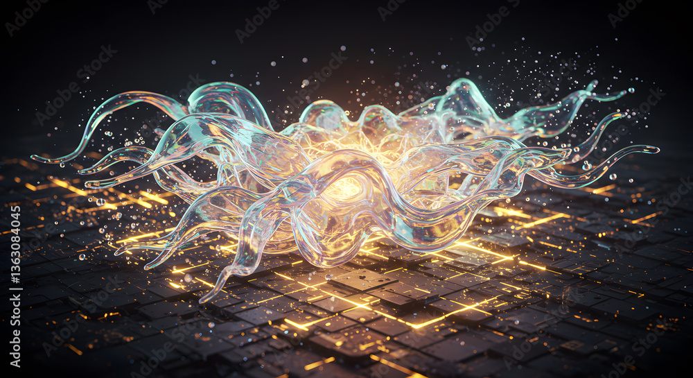 Poster luminous digital abstract: a captivating digital artwork featuring flowing, ethereal forms of liquid