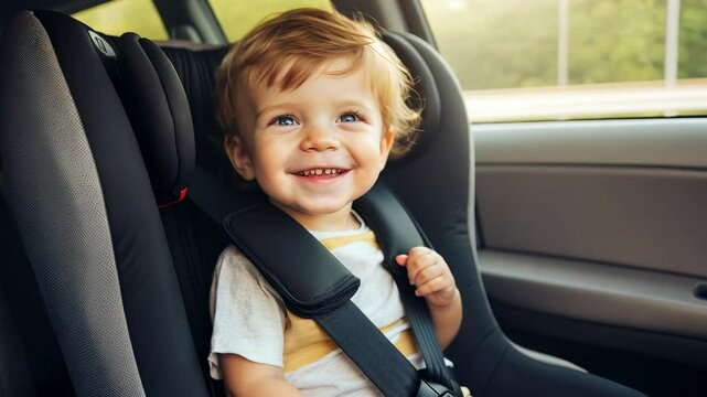 small kid sitting on a child seat in a car, boy fastened with belts, travel, road trip, traffic rules, safety, smiling baby, passenger