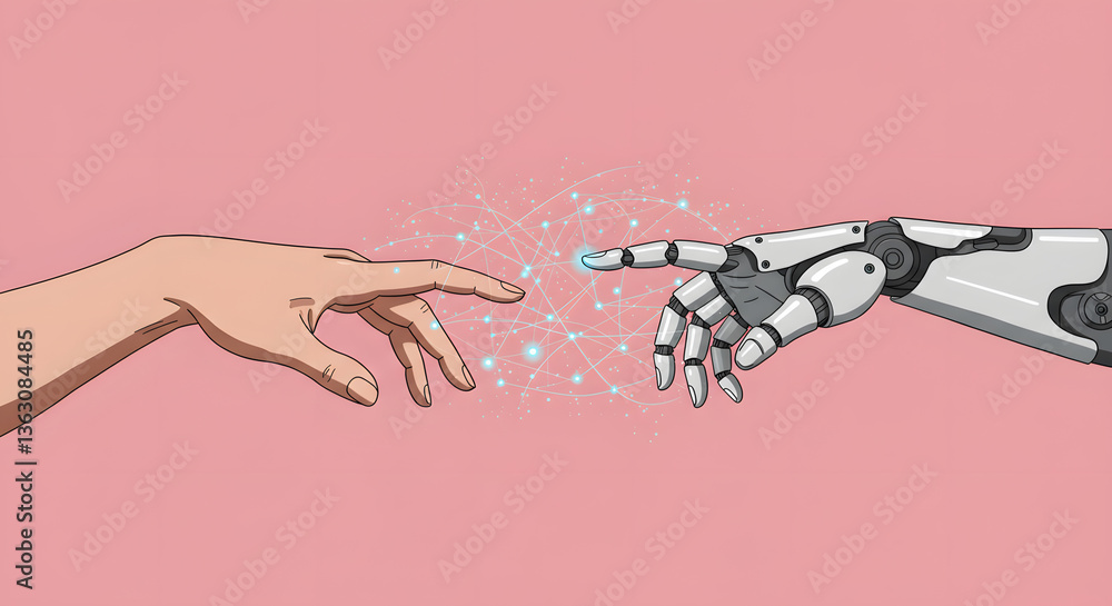 Poster human and ai connection: this striking image depicts the symbolic meeting of a human hand and a robo