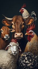 Close-up of farm animals cow, sheep, and chickens in artistic detail on dark background