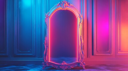Stunning Ornate Mirror with Neon Glow in a Luxurious High-Resolution Fantasy Interior