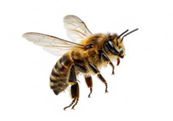 A close-up of a honey bee in mid-flight, displaying intricate textures isolated on transparent background