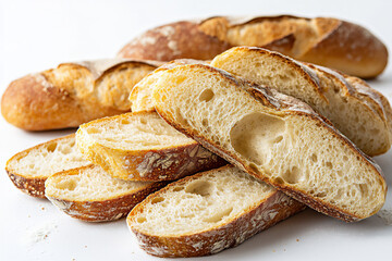 Naklejka premium close-up shot of a baguette cut into slices, revealing the airy crumb,