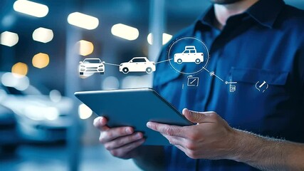 Mechanic using a tablet for car diagnostics in a well-lit garage.