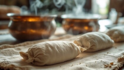 Traditional handmade food wrapped in dough, steaming in a rustic kitchen. Warm colors and vintage cookware. 3D render illustration.