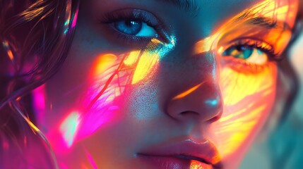 Stunning Portrait of a Woman with Vibrant Neon Reflections and Mesmerizing Blue Eyes
