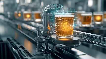 Automation in Brewery: A close-up of a pint being filled by an automated process on a production line, suggesting industry and technological advancement in the creation of beer.