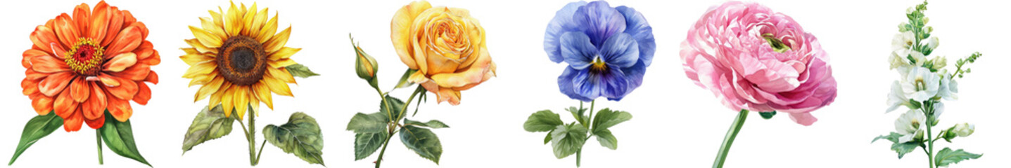 Colorful Array of Hand-Drawn Flowers Featuring Diverse Floral Species and Vibrant Colors for Creative Projects and Designs