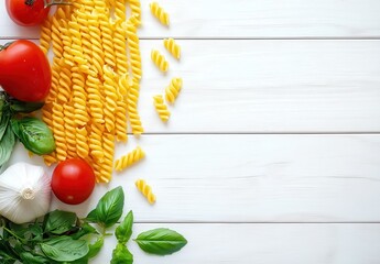Fresh Ingredients for a Delicious Pasta Dish Featuring Fusilli Pasta, Cherry Tomatoes, Garlic, and Fresh Basil on a Light Wooden Background