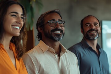 A diverse and smiling business team led by a confident chief stands together indoors.