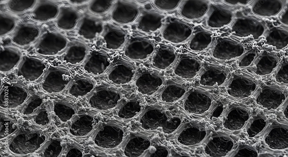 Poster microscopic honeycomb: a close-up view showcases an intriguing honeycomb-like structure, revealing t