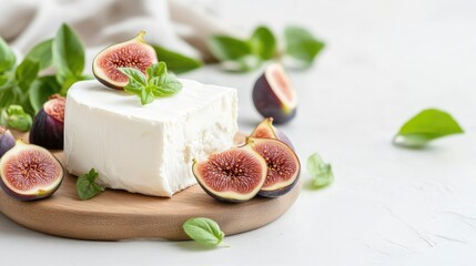 Creamy cheese, figs, and fresh basil.  A block of soft, white cheese rests on a wooden board, surrounded by sliced figs and fresh basil leaves.  