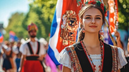 Portrait of a young woman in traditional dress at a cultural parade