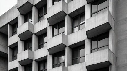 An architectural close up depicts geometric concrete building facade