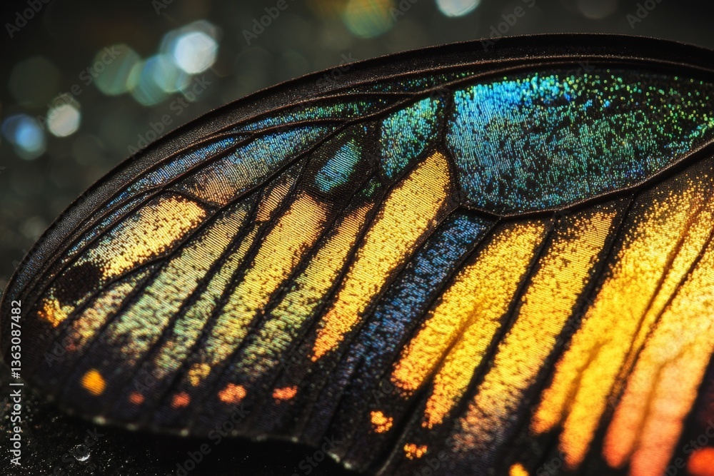 Poster Close-up view of a vivid butterfly wing showcasing intricate patterns and colors under soft lighting