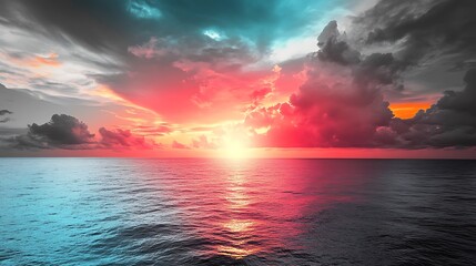 Stunning Vibrant Ocean Sunset with Dramatic Clouds and Mesmerizing Colorful Reflections on Water